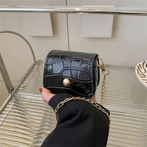 Mini black crocodile embossed patent leather chain bag with gold metal buckle