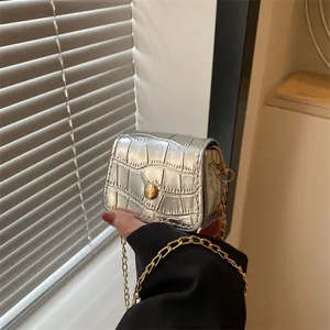 Mini silver faux crocodile skin crossbody bag with gold chain and circular metal clasp