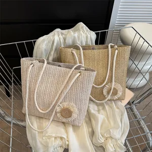 Women Summer Straw Woven Tote Bag With 3D Daisy Flower Cotton Rope Handle Casual Beach Vacation Shoulder Handbag