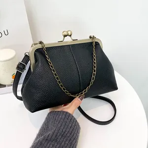 Vintage PU Leather Litchi Pattern Shell Shoulder Bag Women Retro Clip Buckle Chain Handbag Crossbody Bag Everyday Casual Purse