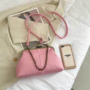 Pink lychee texture shell bag with vintage metal clasp and chain strap on a soft background
