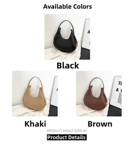 Three crescent shoulder bags in black, khaki, and brown with crocodile leather texture