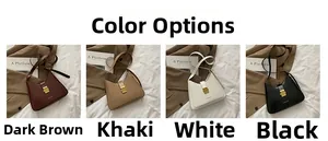 Solid color bucket bags shown in dark brown, khaki, white, and black with gold buckles