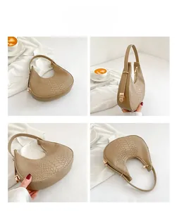 Four-angle view of crocodile-patterned hobo bag with gold hardware and side buckle detail