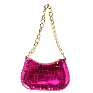 Glossy pink metallic shoulder bag with crocodile pattern and golden chain strap