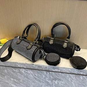 Women Fashion Rhinestone Barrel Bag And Mini Purse Wide Strap PU Leather Pillow Crossbody Bag Sparkly Handbag Black White