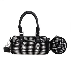 Chic black barrel bag with silver rhinestones, wide strap and mini coin purse set