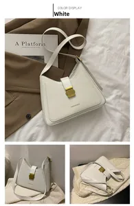 Detailed views of a white crescent shoulder bag with golden metal buckle and sleek texture