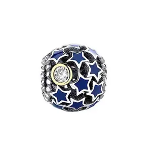 Blue enamel starry night bead charm with sparkling zircon inlay for DIY bracelets