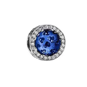 Blue ocean charm bead in silver finish with heart patterns and zircon crystals
