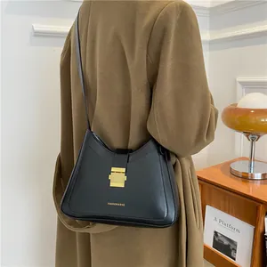 Women Minimalist PU Leather Underarm Bag Retro Solid Color Shoulder Bag With Metal Buckle Fashion Bucket Handbag For Daily