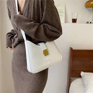 Elegant white solid color rectangular underarm bucket bag for women with gold buckle
