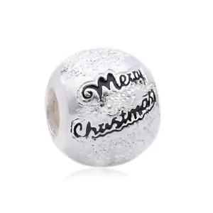 Silver Merry Christmas charm bead with sparkling texture for holiday bracelets