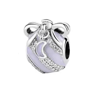 Purple enamel bow charm with moon pendant and cubic zirconia for DIY bracelets