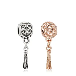 Vintage Alloy Hollow Heart Sphere Charm Pendant With Metal Tassel DIY Beads For Bracelet Rose Gold Silver Jewelry Accessories