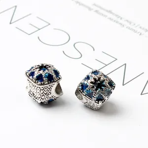 Blue enamel star cube charm in silver finish with beaded texture for DIY bracelets