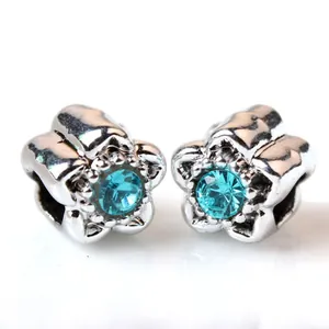 Silver flower charms with sky blue crystals for DIY charm bracelets and jewelry