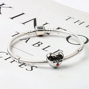 Detailed macro shot of silver heart charm with To Teach is to Love engraving and red apple
