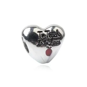 Alloy Hollow Heart Charm Bead With Red Apple To Teach Is To Love Lettering For DIY Snake Chain Bracelet Teacher Gift Jewelry