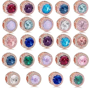 Rose Gold Plated Alloy Hollow Heart Round Beads With Colorful Zirconia DIY Charms For Bracelet Jewelry Making Women