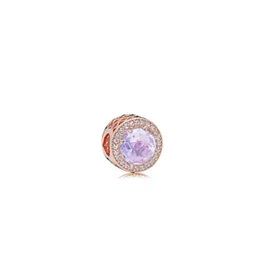 Rose gold round charm with purple faceted stone and micro-paved cubic zirconia halo