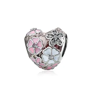 DIY heart-shaped silver bead charm with pink and blue enamel flowers and zircon crystals