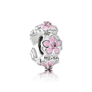 Magnolia enamel bead charm with pink zirconia in polished silver-tone finish