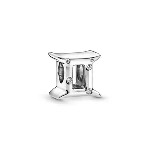 Polished silver Gemini zodiac charm bead with sparkling cubic zirconia for bracelets