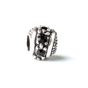 Retro silver large hole bead charm for bracelets with black crystal inlay