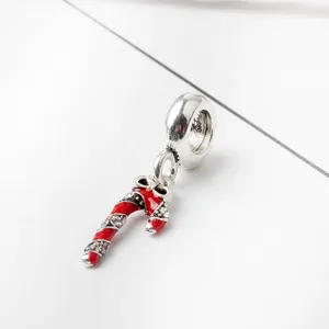 Silver candy cane charm with red enamel and sparkling zircons for holiday bracelets