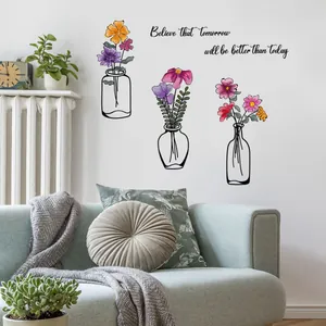 Floral vase wall decals with Believe inspirational quote for living room decor