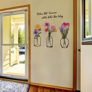 Floral vase wall stickers with Believe motivational quote for living room decor