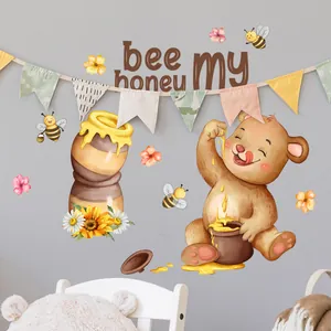 Adesivi murali orsetto e api per cameretta dei bambini con vaso di miele e fiori