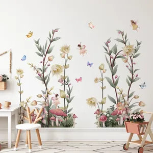Watercolor fairy wall decals with colorful butterflies and flowers for kids' room decor