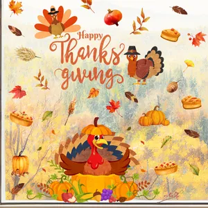 Stickers de fenêtre Thanksgiving avec dinde de dessin animé, citrouille et feuilles d'érable