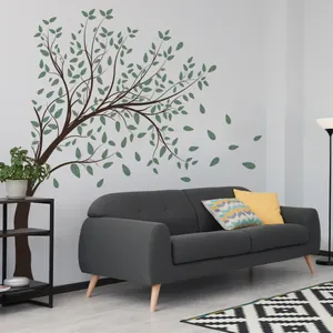 Large decorative tree wall decal with dark brown trunk and green leaves for living room