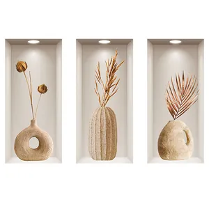 Art mural 3D avec trois vases et fleurs séchées dans des niches murales minimalistes