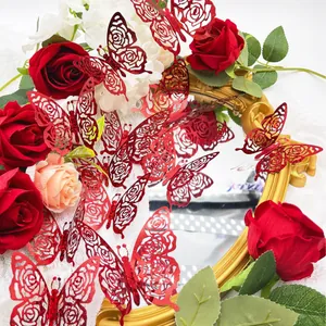 3D Hollow Laser Cut Glitter Butterfly Wall Stickers Romantic Rose Heart Pattern PET Decals For Valentine Wedding Home Decor