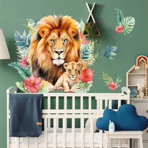 Detail of lion and cub nursery wall decal set with tropical leaves and pink hibiscus flowers