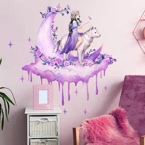 Sticker mural fille et lune violette avec loup pour déco de chambre féerique