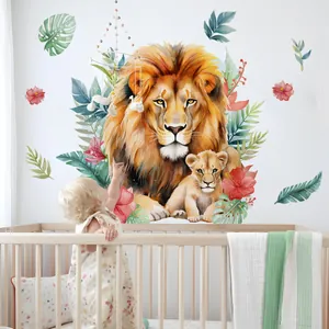 Tropical lion wall sticker featuring watercolor lion and cub for nursery room wall decor