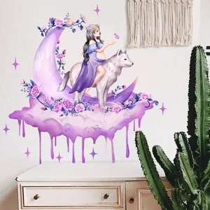 Stickers muraux lune violette avec fille, loup blanc et fleurs de rose pour la maison