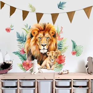 Watercolor lion and cub wall decals with tropical leaves for nursery room decor
