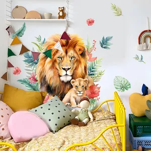 Cartoon lion mother and cub wall decals with tropical leaves for kids room decoration