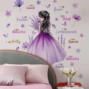 Adesivo da parete ragazza con fiori e farfalle per decorazione camera da letto