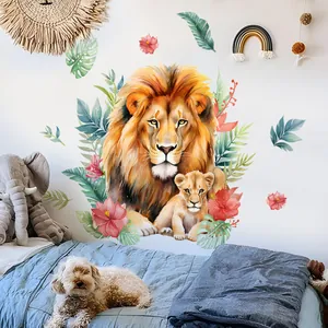 Watercolor Jungle Lion Wall Stickers For Kids Room Nursery Decor PVC Tropical Monstera Leaf Hibiscus Flower Wall Decal