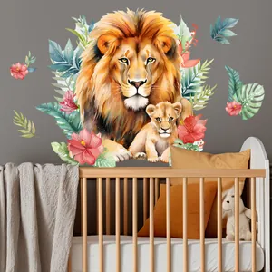 Nursery scene showing watercolor lion wall decals above a white wooden baby crib