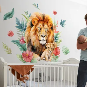 Nursery wall stickers featuring watercolor lion and cub with tropical leaves and flowers