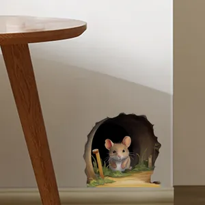 3D cartoon mouse wall sticker for baseboards featuring a cozy tree hole scene