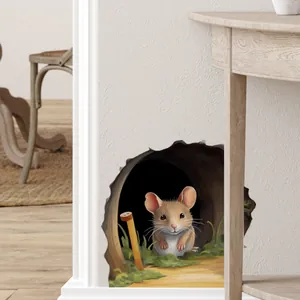 3D cartoon mouse hole wall sticker with grass design for creative home baseboard decor